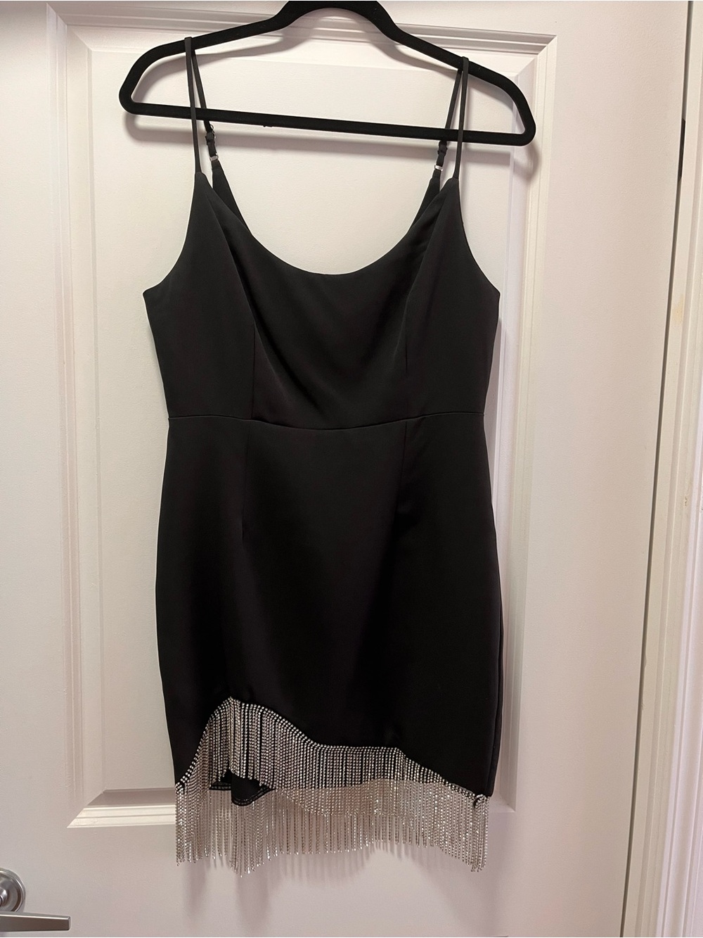 DO+BE Black Spaghetti Strap Dress with Rhinestone Fringe